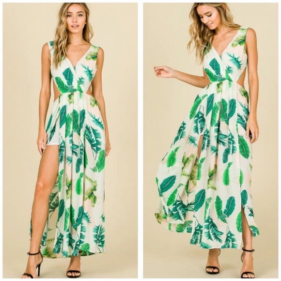 Pants - 1 left! PALM LEAF PRINT OPEN PLUNGED MAXI ROMPER